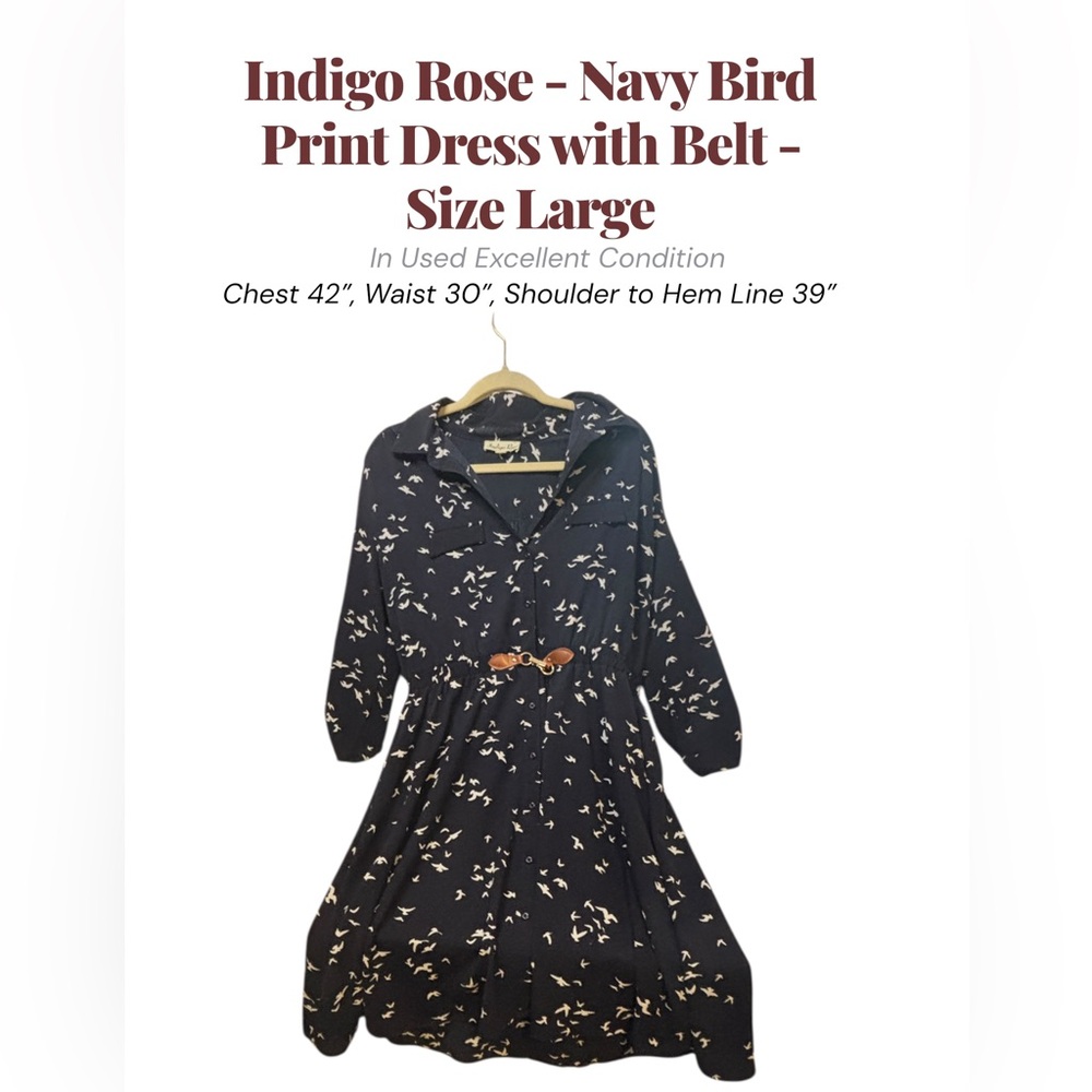 Indigo Rose Navy Bird Print Belted Shirt Dress Large